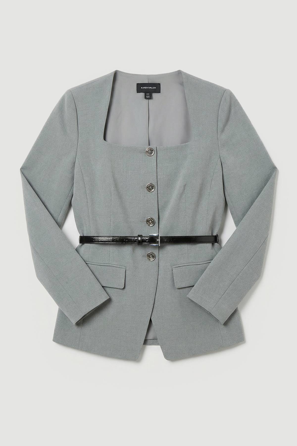 KarenMillen Blazer Grande Taille Cintré Chiné à Col Carré avec Ceinture