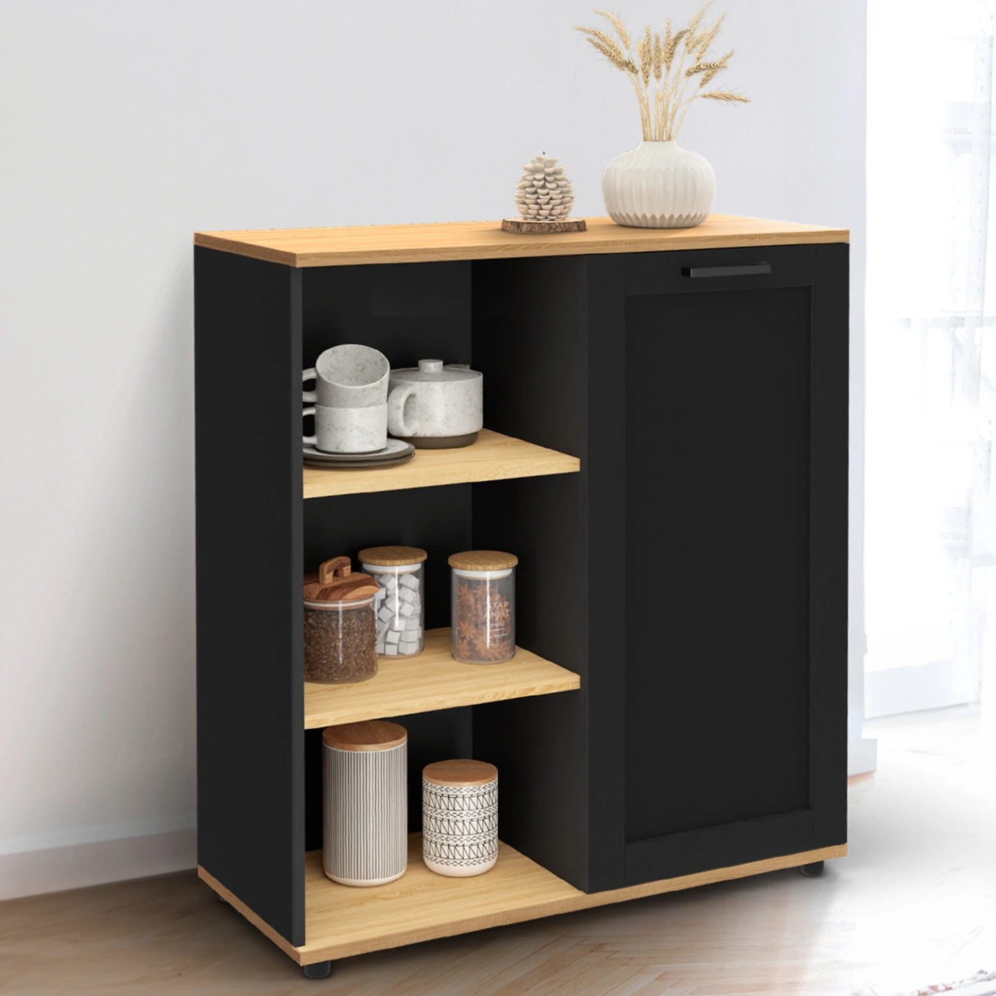 Buffet d'appoint 70 cm VITO 3 étagères et placard noir et plateau bois