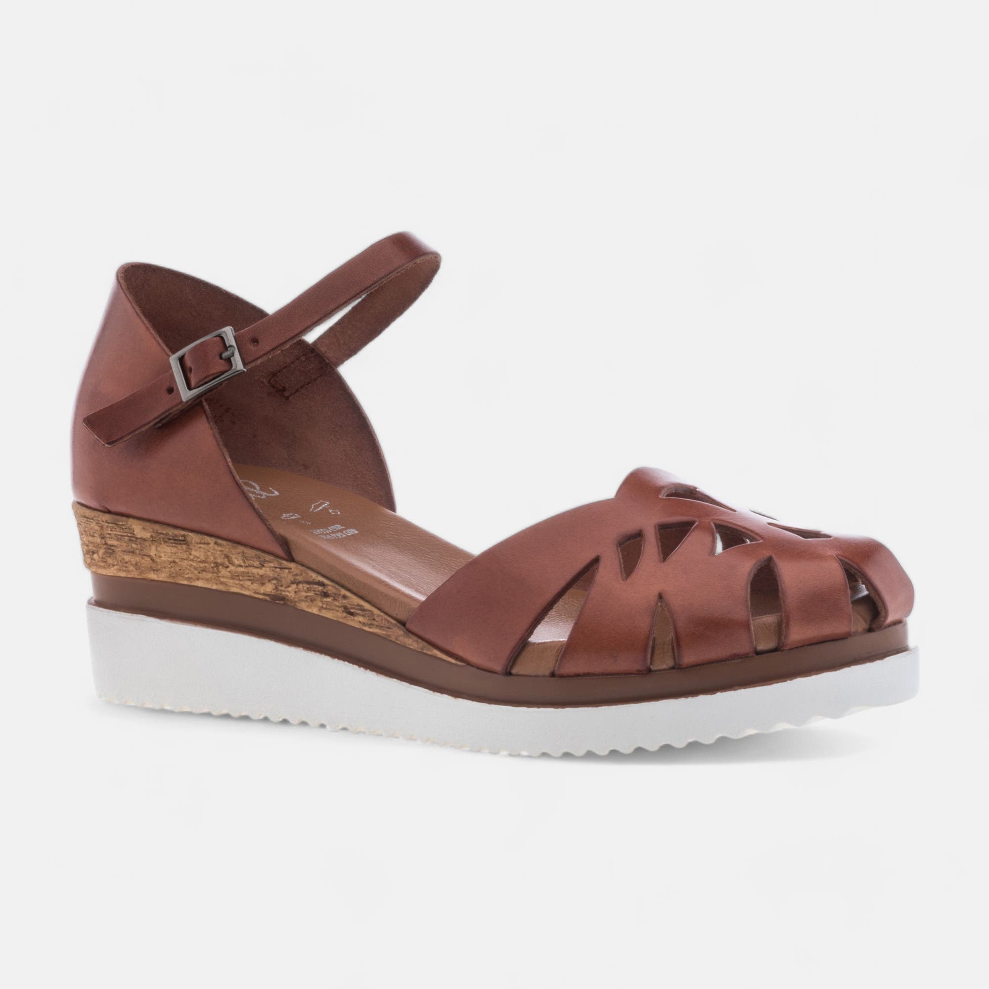 Sandales à talon compensé Femme en cuir cognac