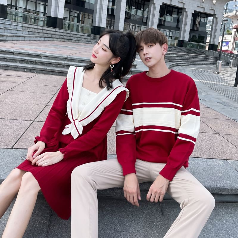 Azure - Matching Mock Two-Piece Midi Knit Dress met Puff-Sleeve en Tweekleurige Kunstparels / Lange Mouw Ronde Hals Gestreepte Trui / Middelhoge Rechte Broek