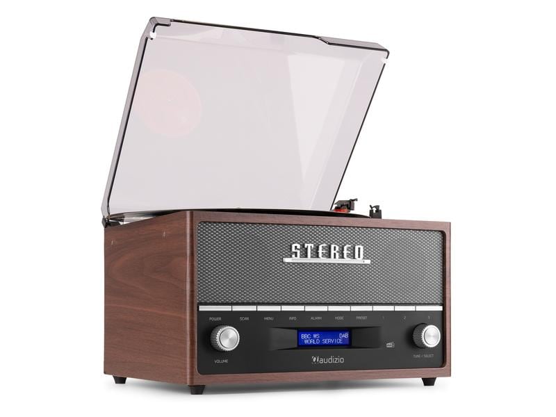 Audizio Plattenspieler mit Bluetooth Frisco Braun/Grau Plattenspieler mit Radio und Stereo-Lautsprechersystem
