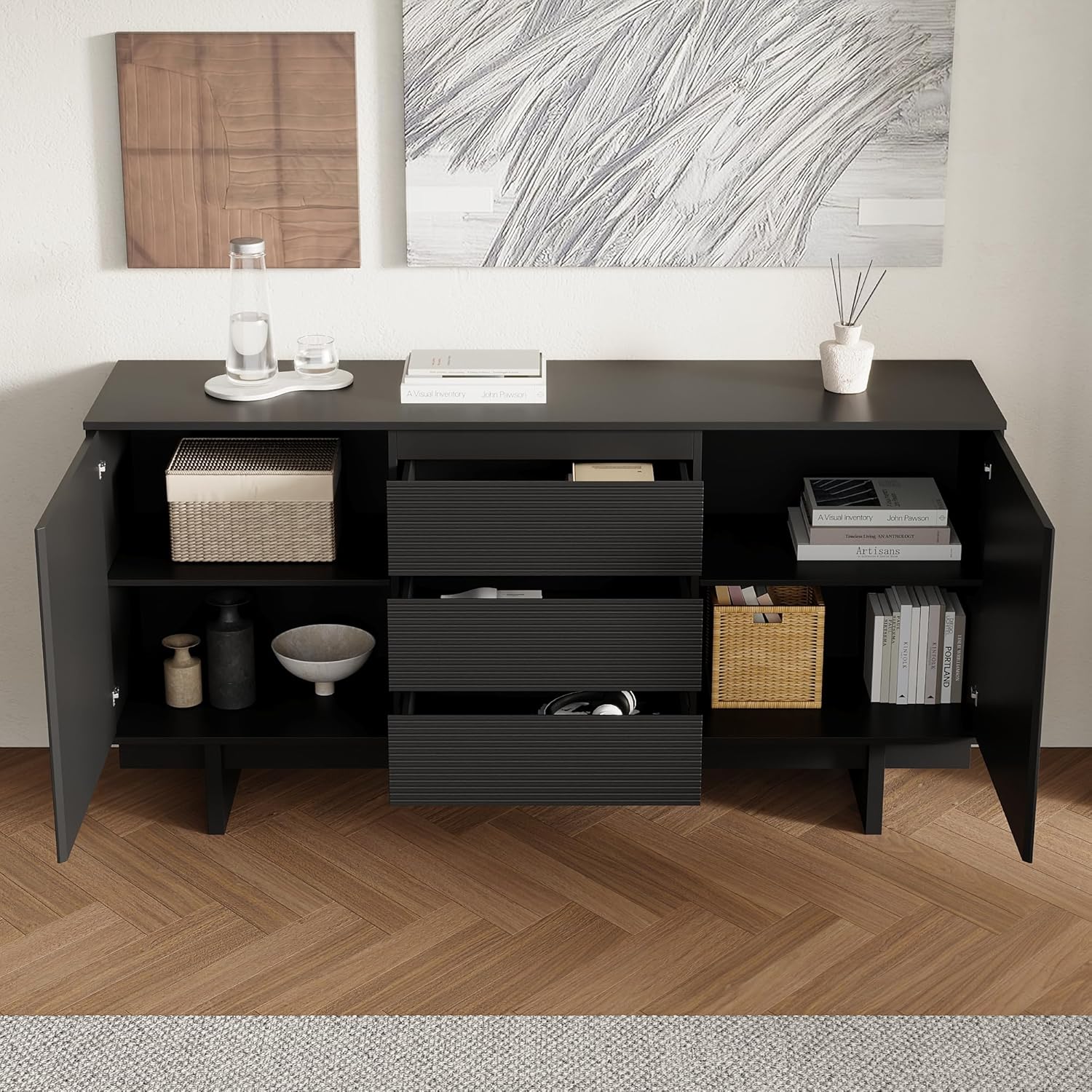 Modernes Sideboard Schwarz 160 x 40 x 80 cm mit 3 Schubladen und 2 Türen – Design-Kommode mit viel Stauraum, Hochwertiger Aufbewahrungsschrank für Wohnzimmer, Esszimmer oder Flur, Belastbar bis 80 kg