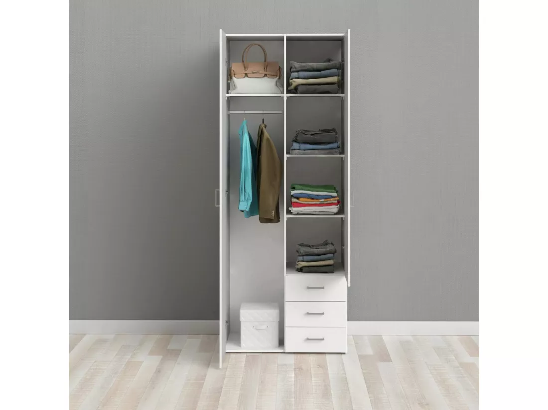 Garde-robe 2 portes Dscaratt, Meubles de chambre, Penderie de plain-pied, Placard à vêtements, 77x50 h200 cm, Blanc