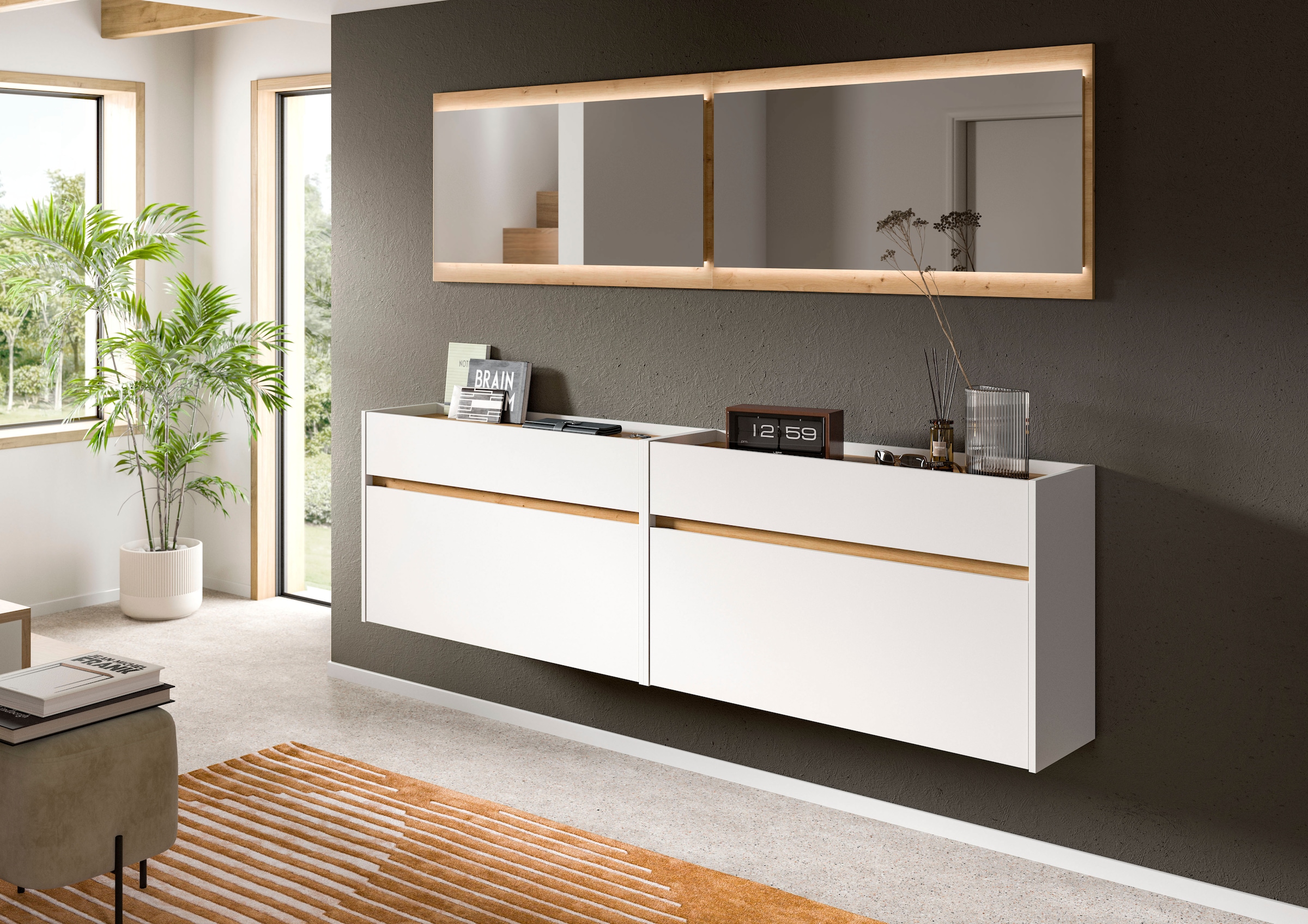 INOSIGN Garderoben-Set »EVRID, 4-teilig, Breite 220 cm, inkl. Beleuchtung« best. aus: 2x Kommode und 2x Spiegel, 4 Stk. tlg.