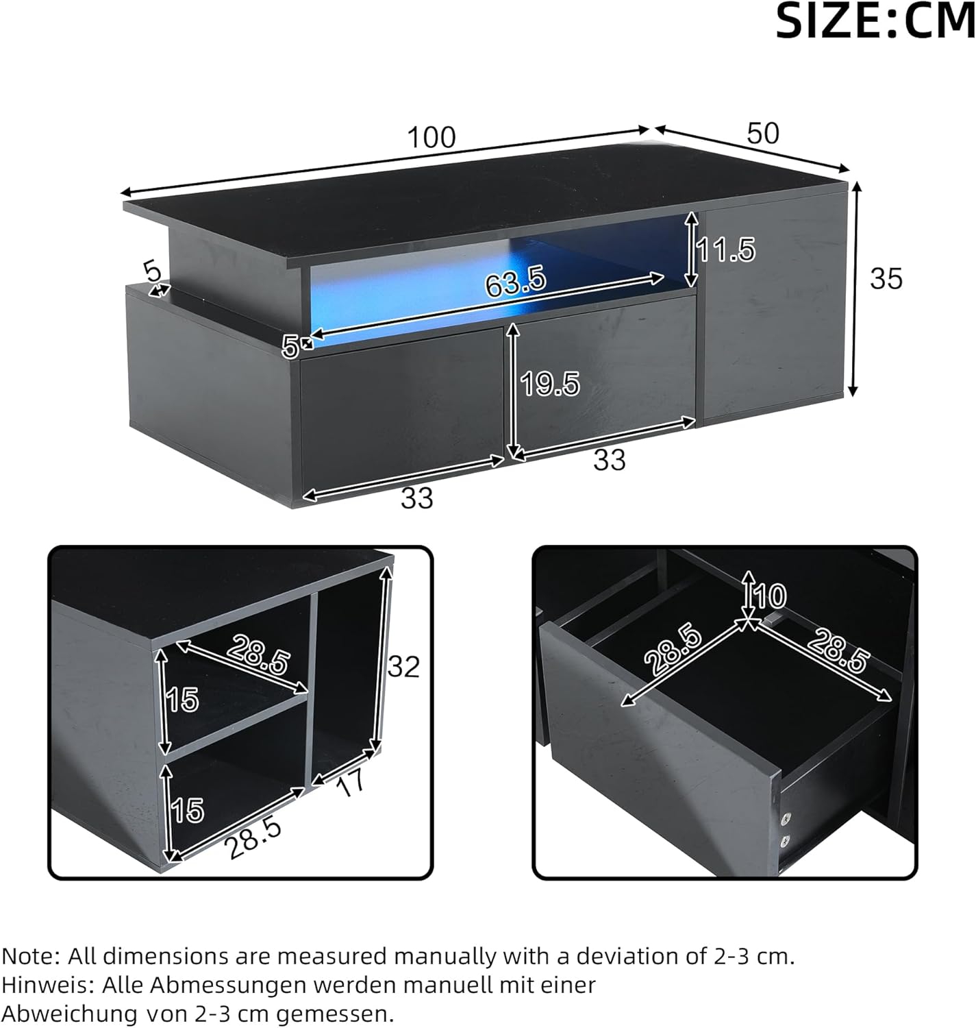 BTM Couchtisch mit LED und Stauraum 100x50x35cm 60kg Tragkraft, 2 Schubladen und 3 Seitfächer App Steuerung, Schwarz Hochglanz