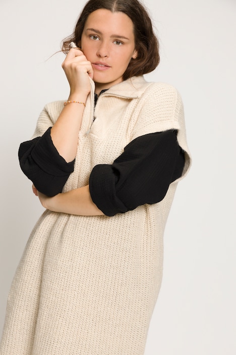 Long Pullunder, oversized, Feinstrick, Stehkragen, Zipper