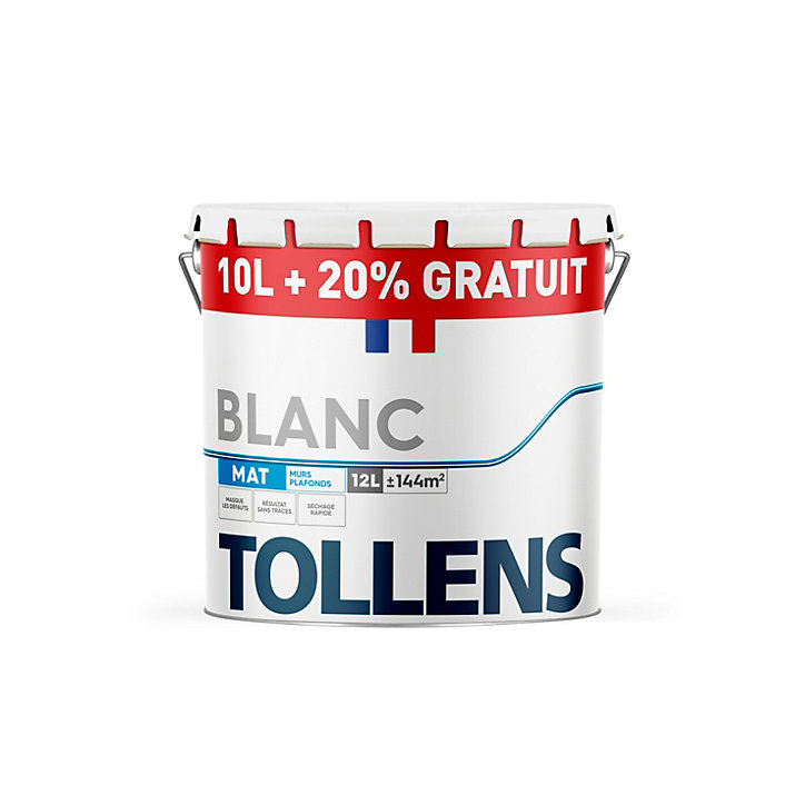 Peinture Tollens murs et plafonds mat blanc 10L+20% gratuit
