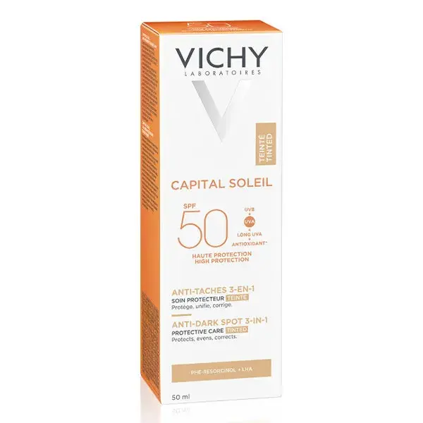Protetor solar facial com cor e antimanchas Vichy Capital Soleil 3 em 1 FPS 50 50ml