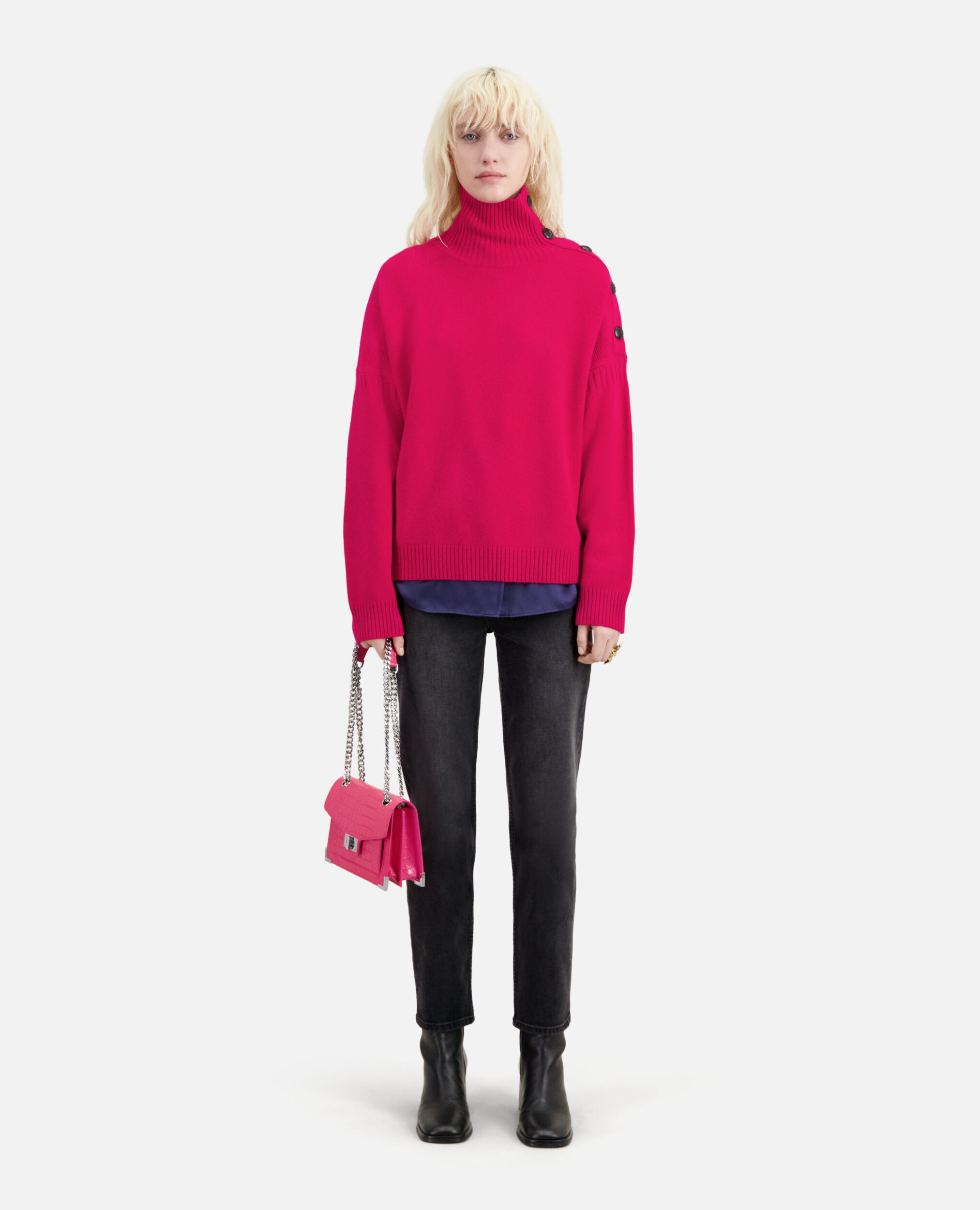 Fuchsia wool and cashmere sweater with buttons
