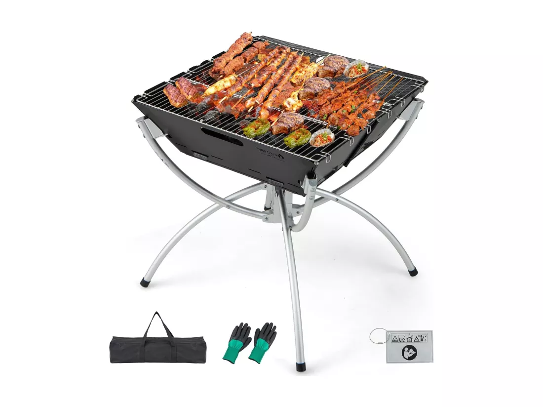 Brasero Extérieur Pliable au Charbon de Bois, Foyer Portable 3 en 1 Grilles en Acier Métalydable avec Sac de Transport et Gants, pour CamBoisg Arrière-Cour Patio, Noir