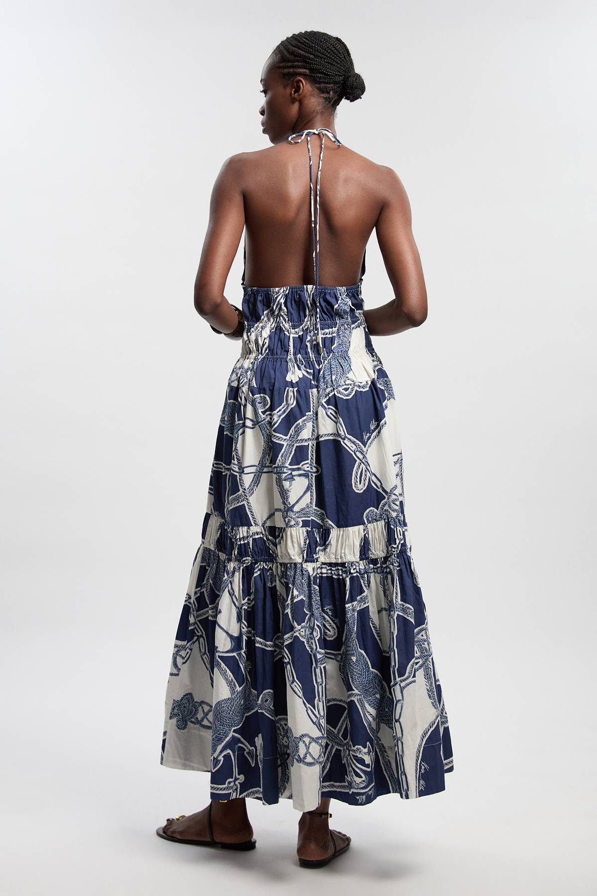 KarenMillen Robe Longue Tissée À Col Licou À Volants En Coton Avec Imprimé Chaîne Petite