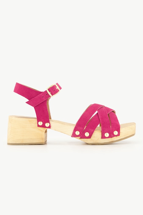 Leder-Clog-Sandaletten, Nieten, Holzsohle, Blockabsatz