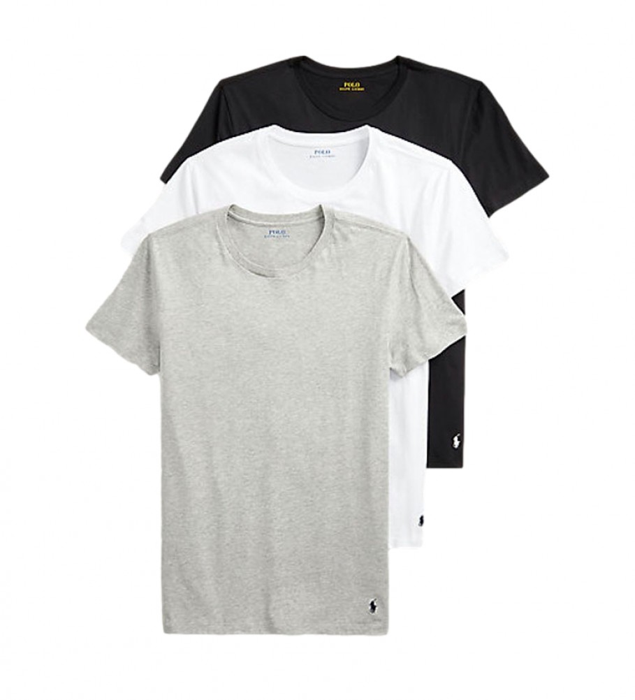 Conjunto de 3 camisetas Ralph Lauren de gola redonda: branca, cinza e preta.