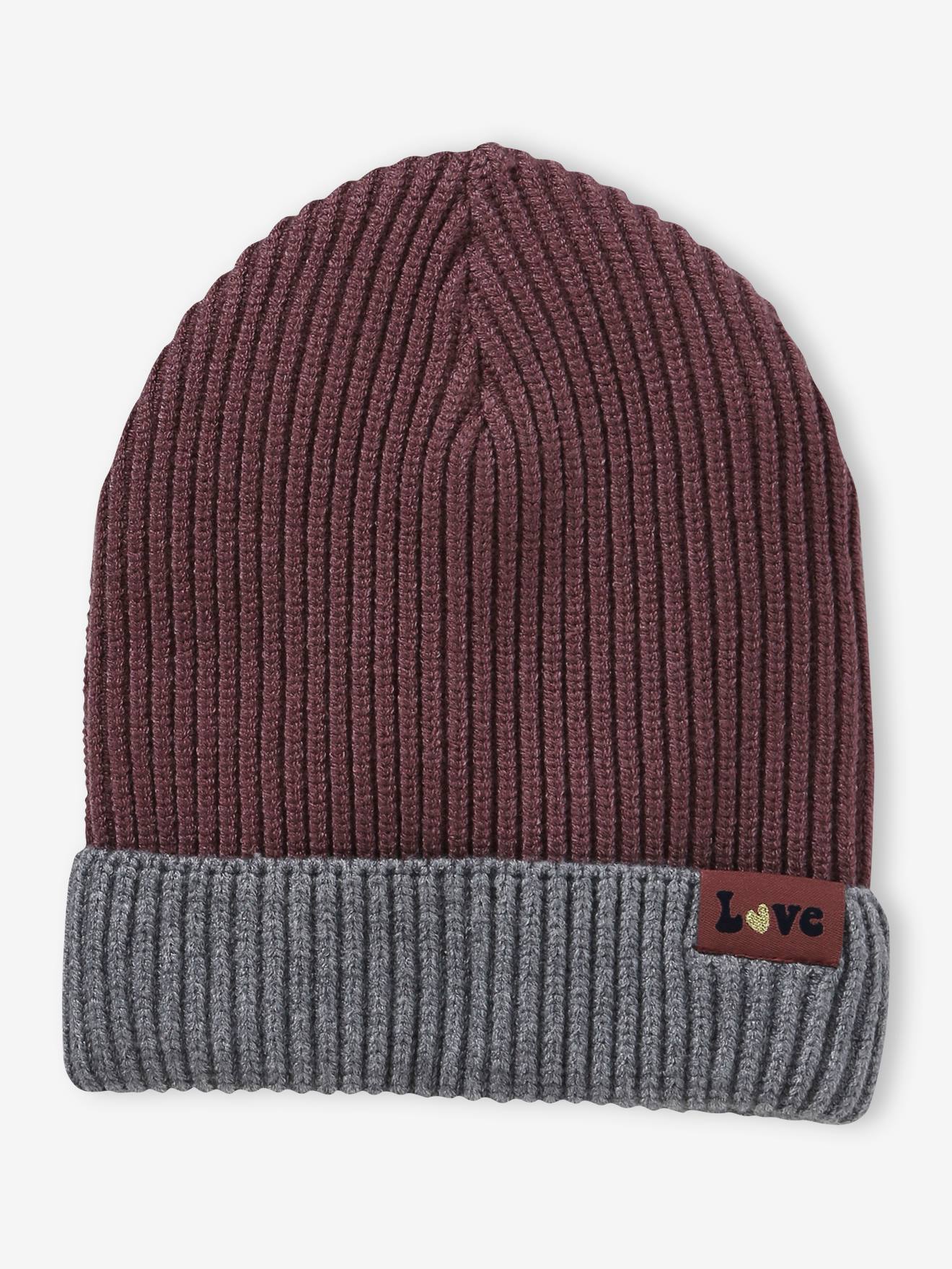 Gorro de malha canelada bicolor para meninas, rosa