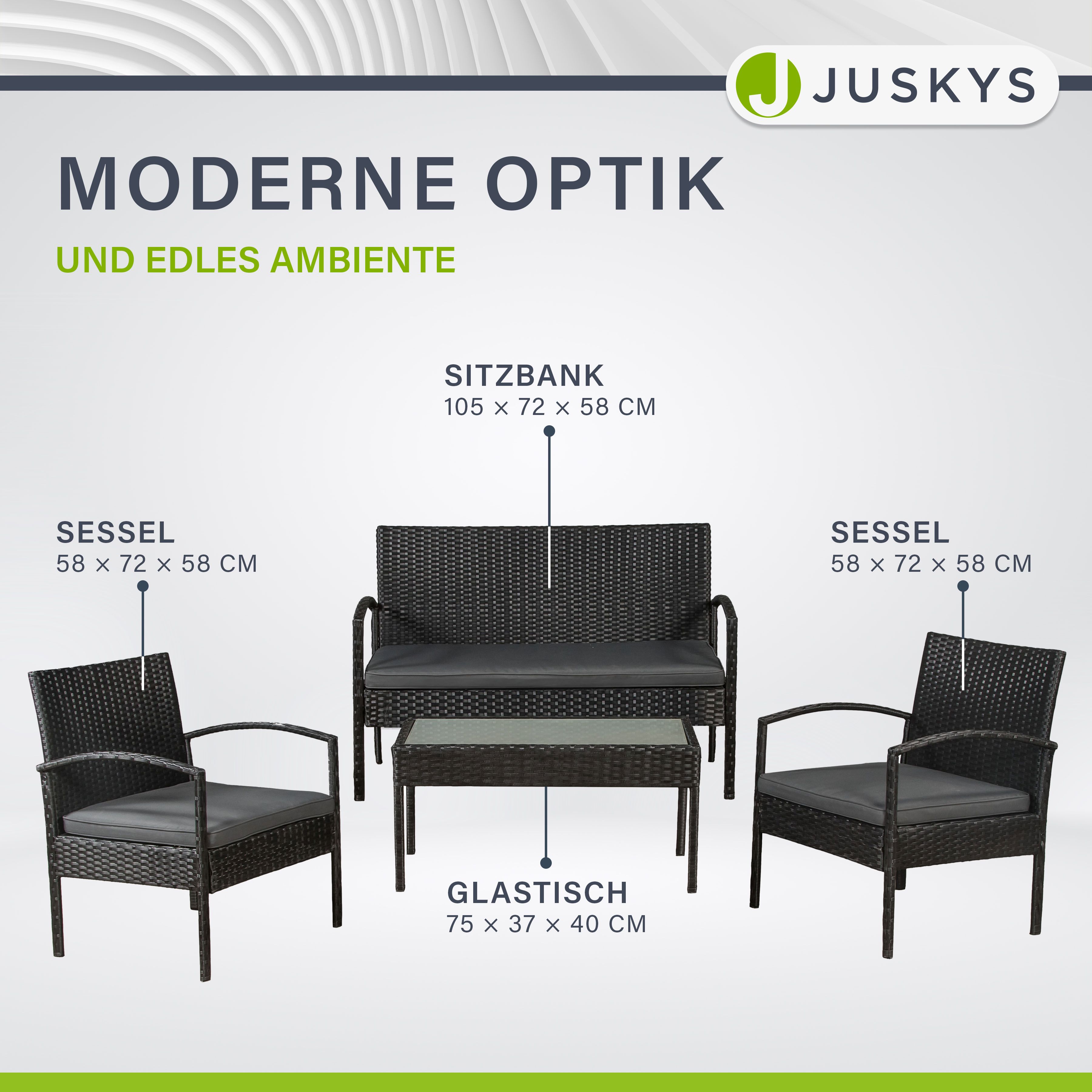 Juskys Polyrattan Balkonmöbel Trinidad schwarz, 4 Personen - Tisch, Bank, 2 Stühle, graue Auflagen