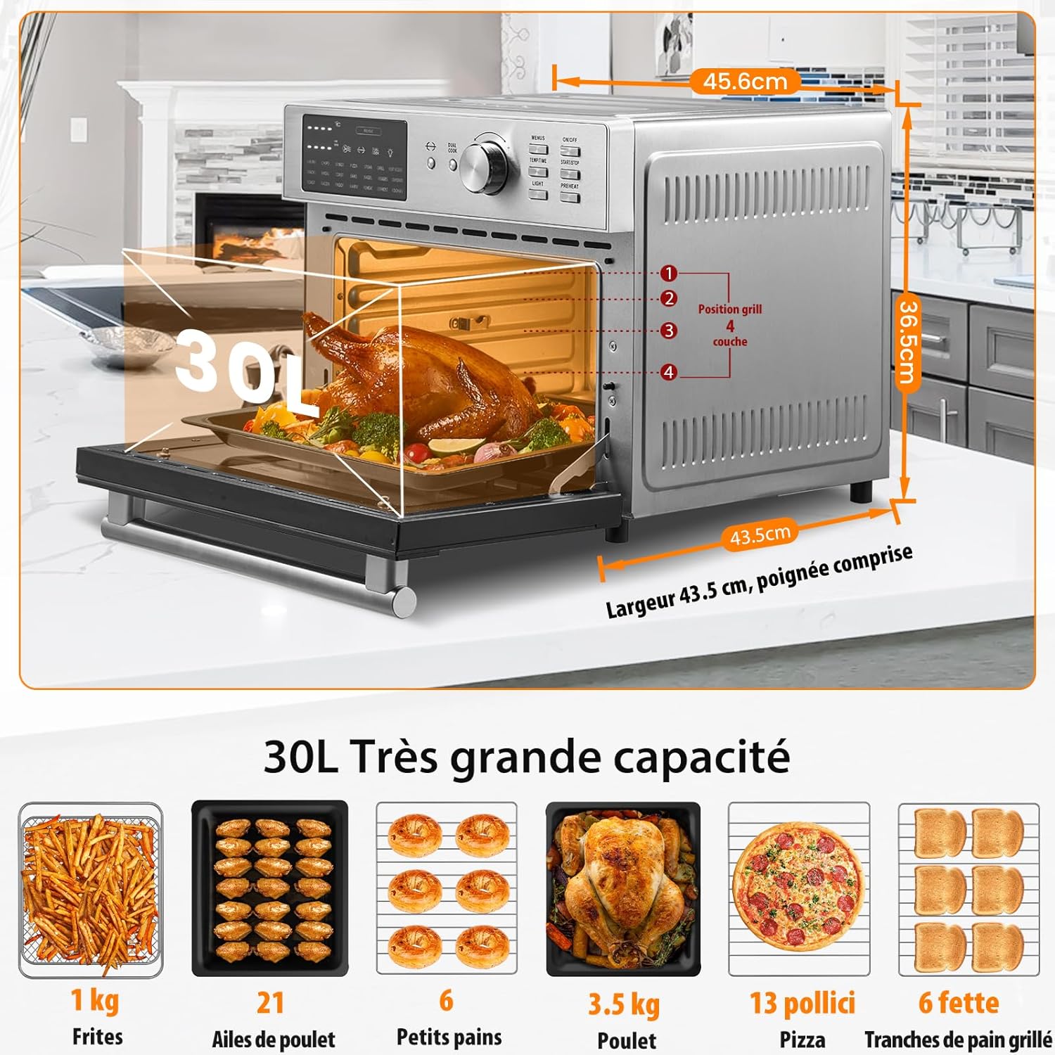 Oimis Friteuse à Air Four 30L, Friteuse Sans Huile 1800W, Friteuse à Air Chaud avec 21 Programmes Prédéfinis, Cook Rôtissoire Déshydrateur, 7 Accessoires, Livre de Recettes, Four à Air Chaud,Argent