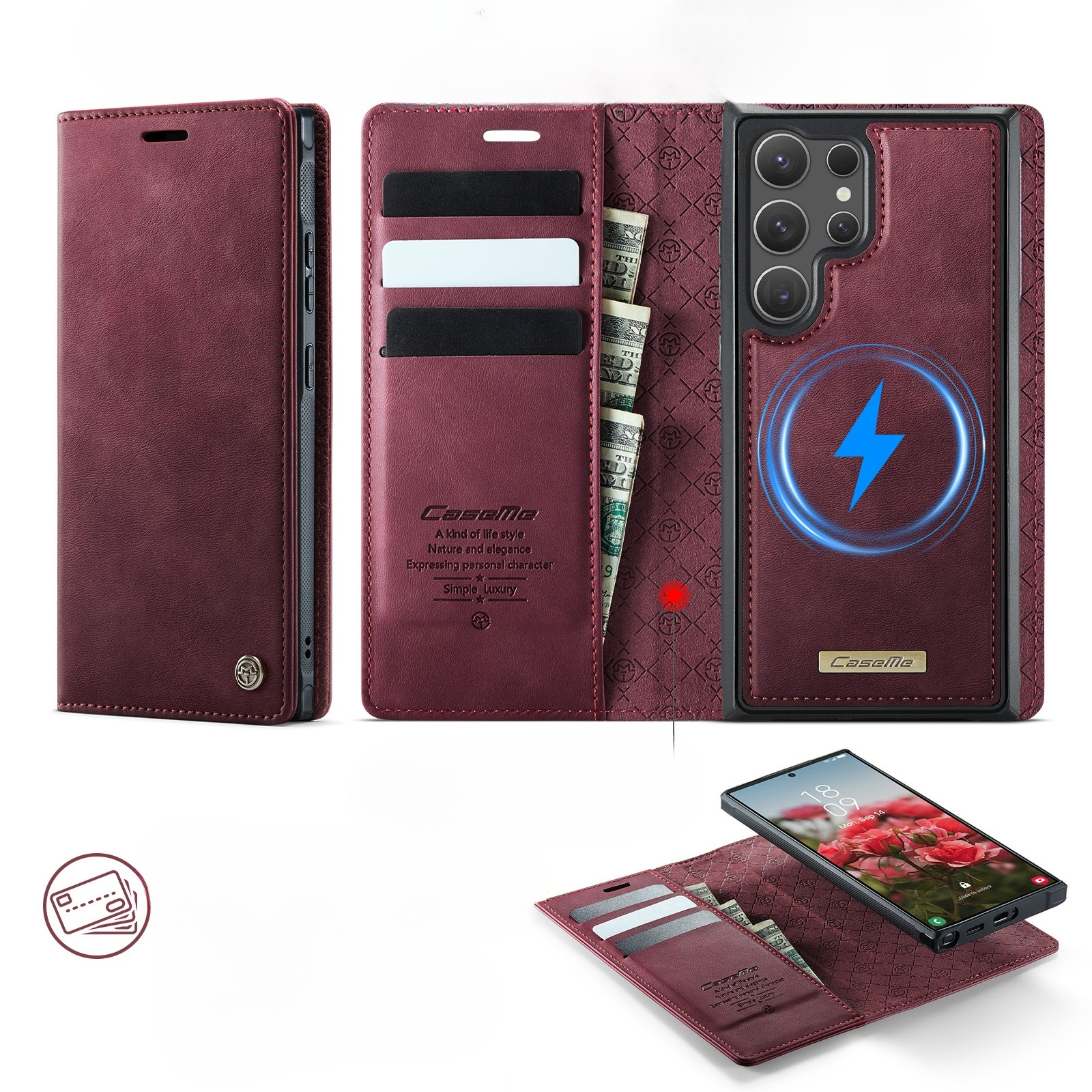 Samsung Galaxy S23 Ultra 2in1 Leder Tasche   Magnet Hardcase Karten Etui MagSafe-Modul (RFID Schutz) - Rot