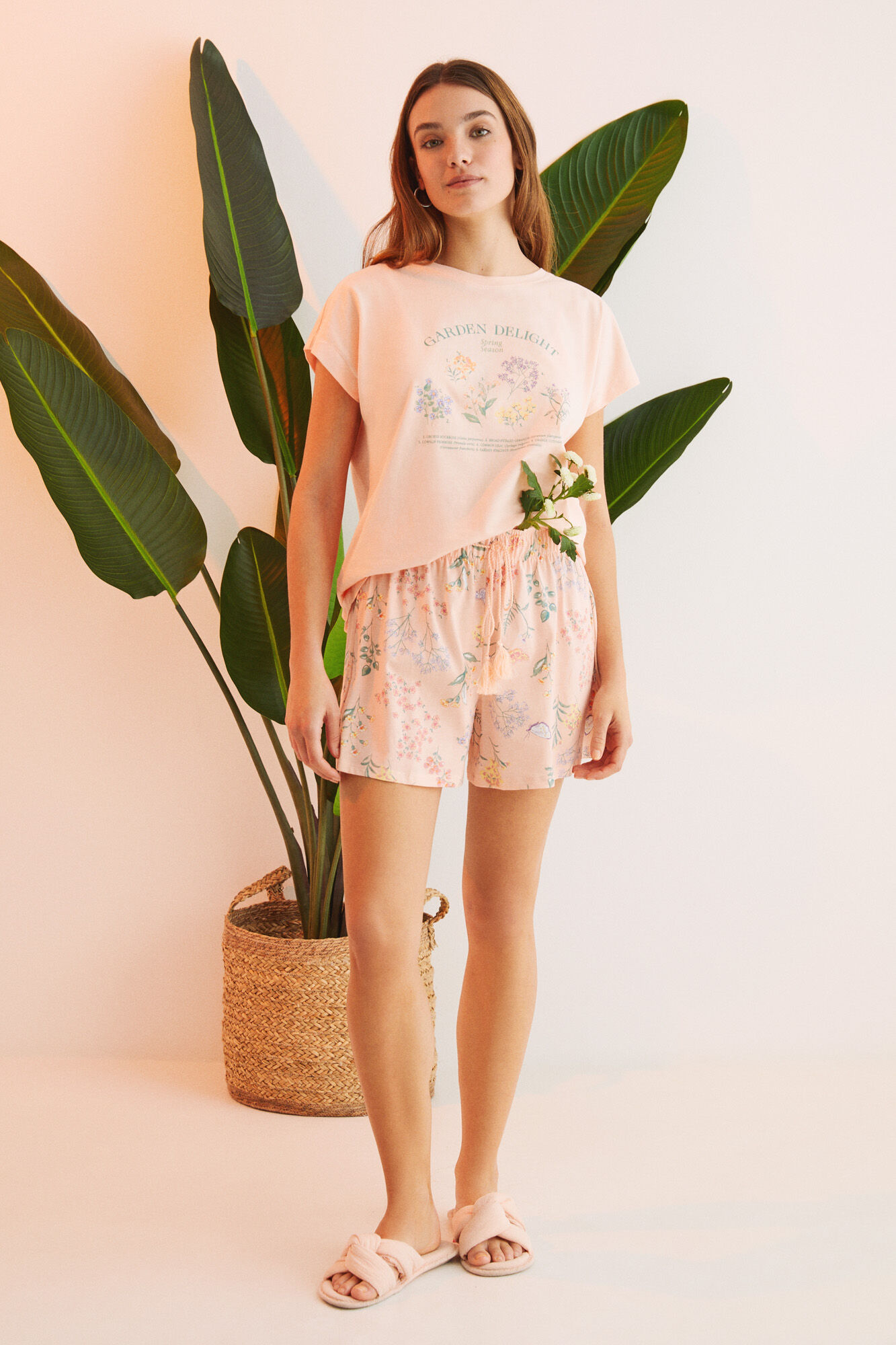 Pijama curto floral laranja, 100% algodão