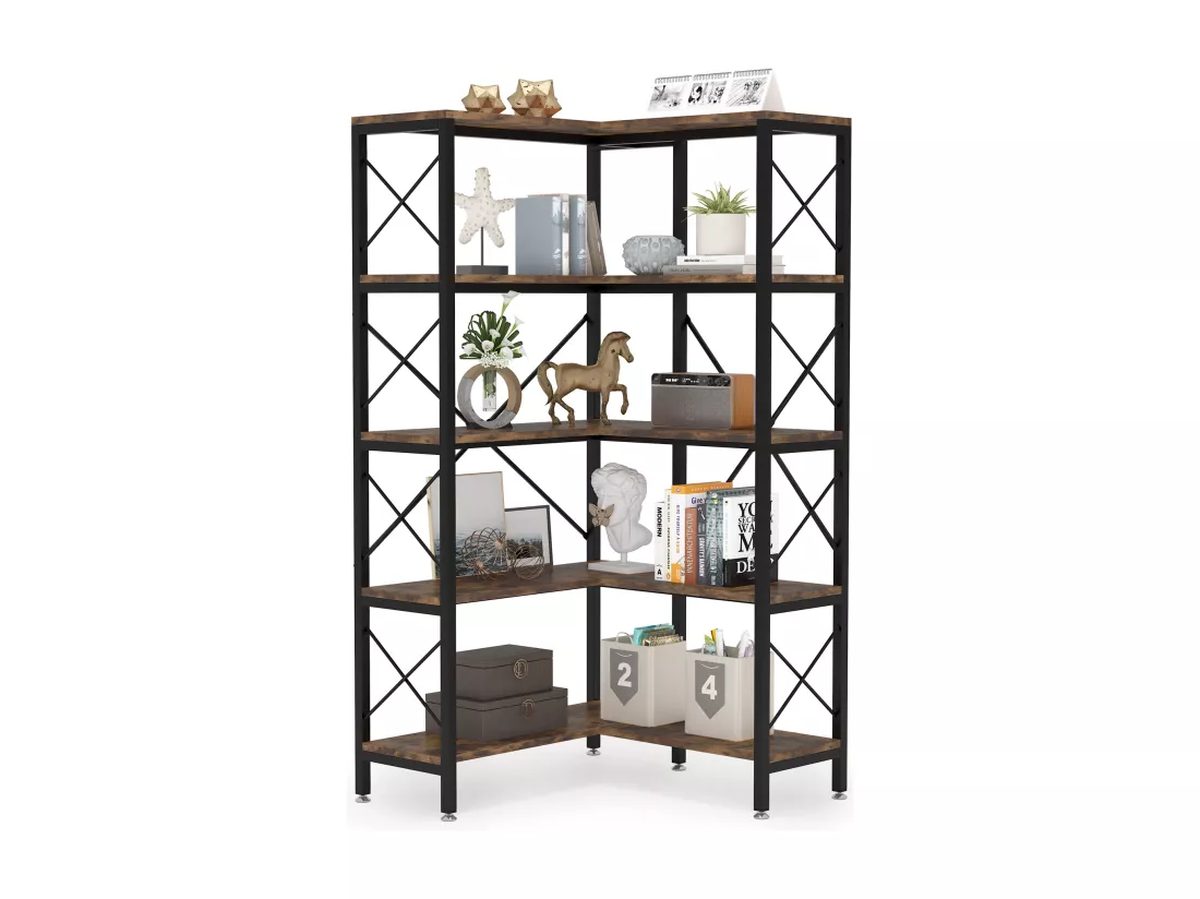 Tribesigns Bibliothèque d'angle, Grande étagère d'angle Industrielle, étagère d'angle sur Pied avec Cadre en métal pour Salon, Maison, Bureau, Marron Rustique (5 étagères-Noir)