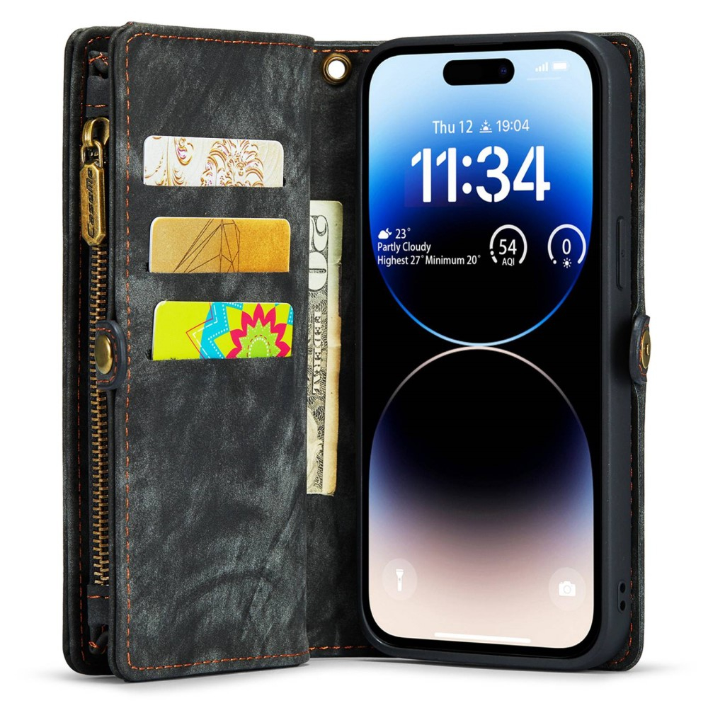 iPhone 14 Pro 2in1 Leder Tasche   Magnet Hardcase Karten Etui - Schwarz