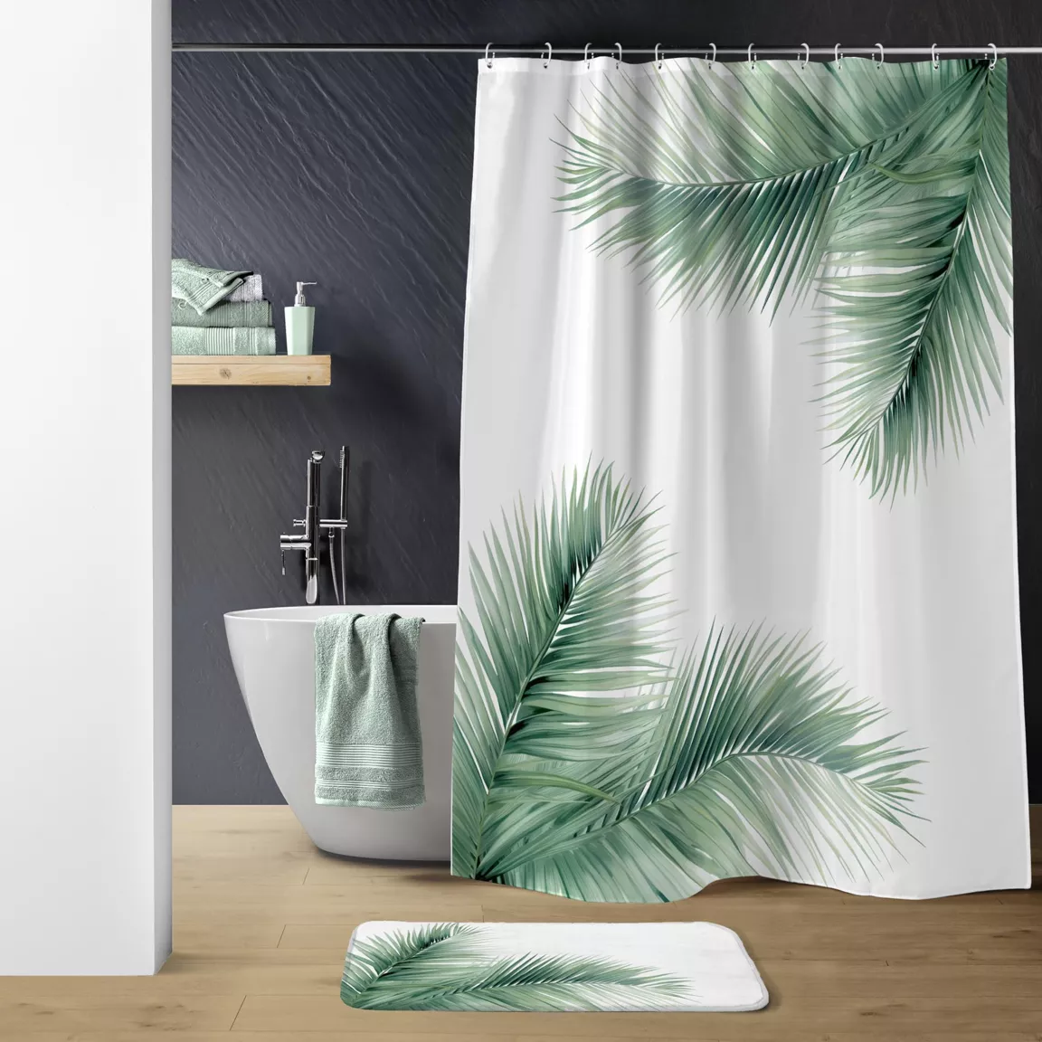Rideau de douche à anneaux (180 x 200 cm) Havane Vert