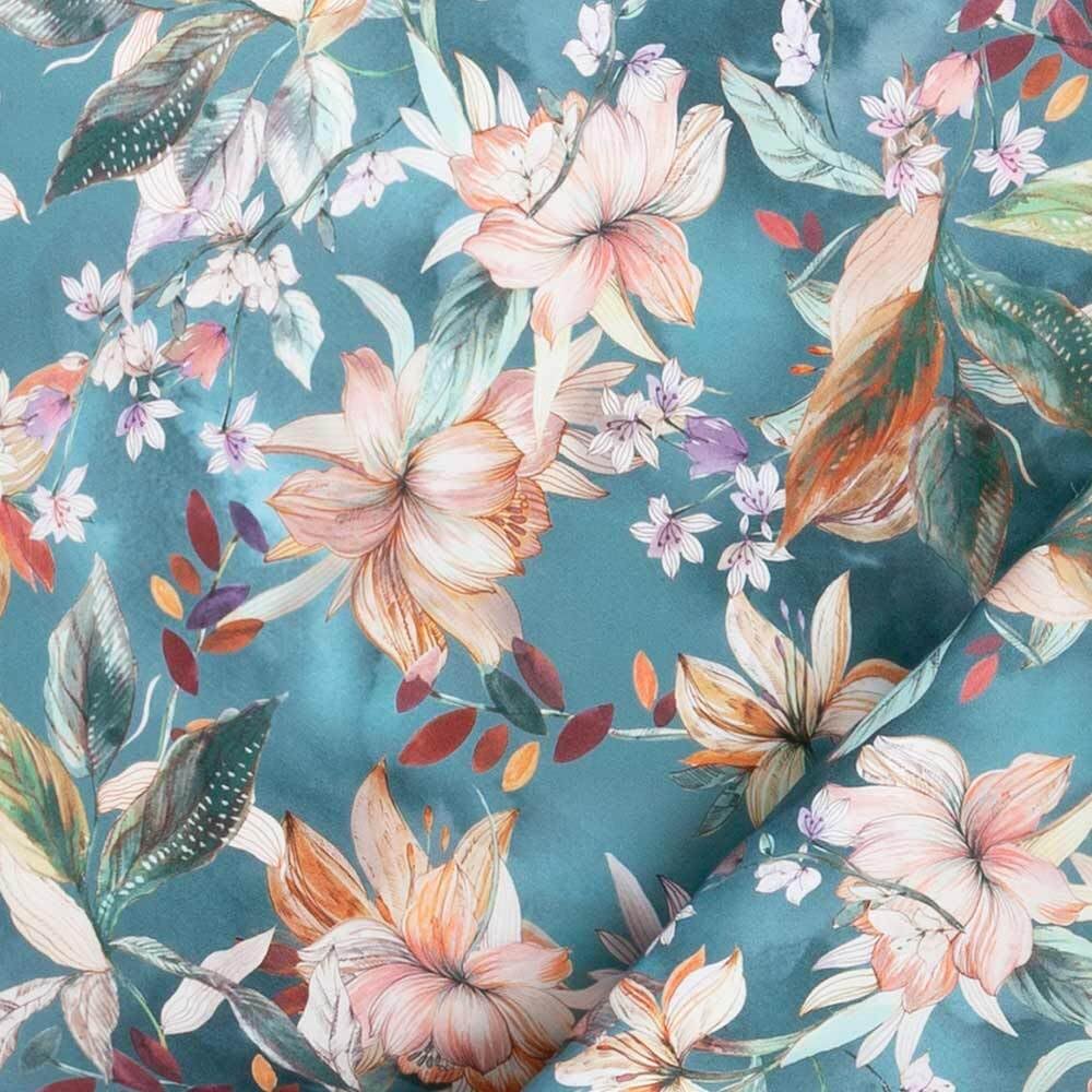 ESTELLA Mako-Satin Bettwäsche 135x200 Estera blautanne Blüten Lilien 7960-581