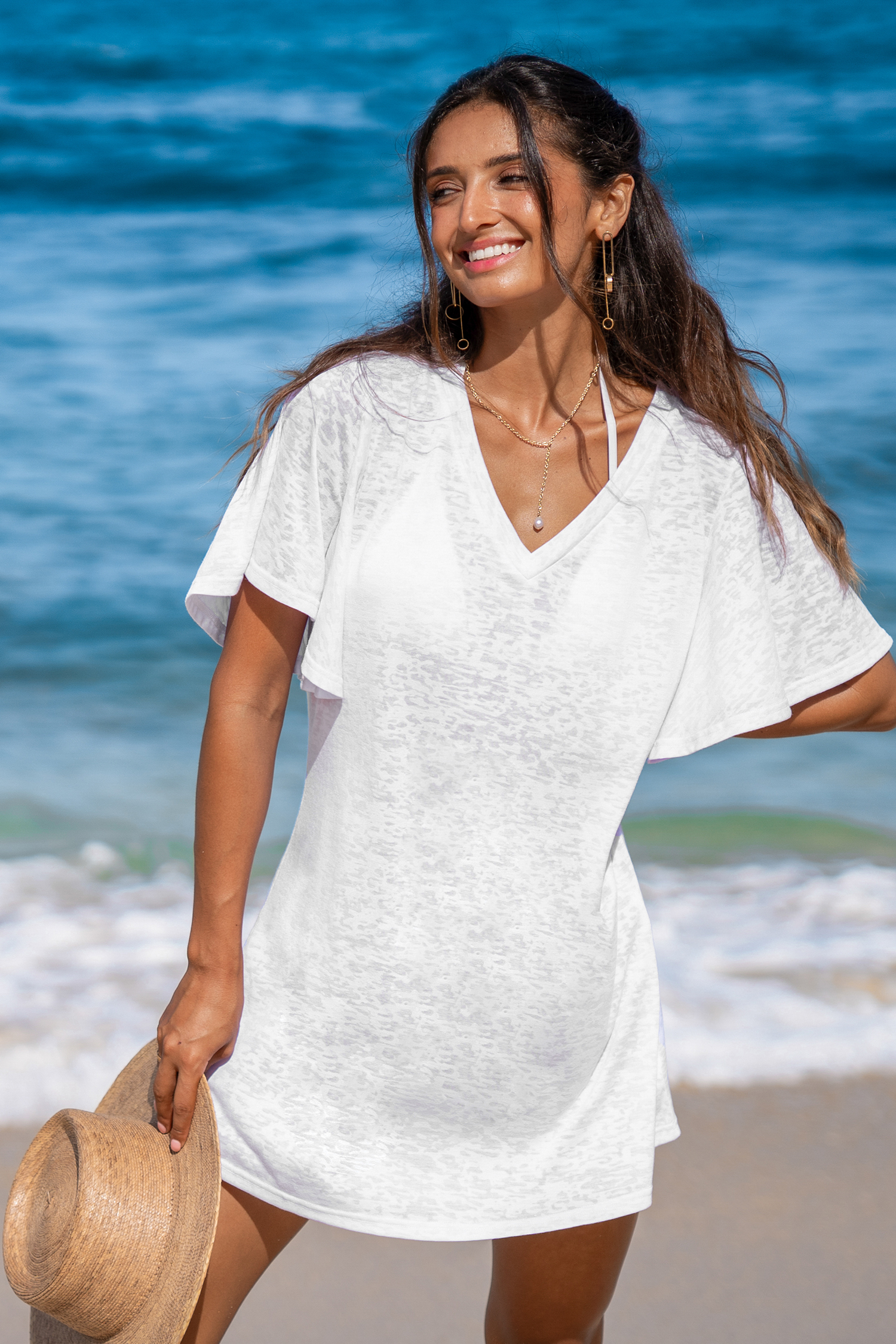 Robe cover up en jersey avec manches à volants blanche