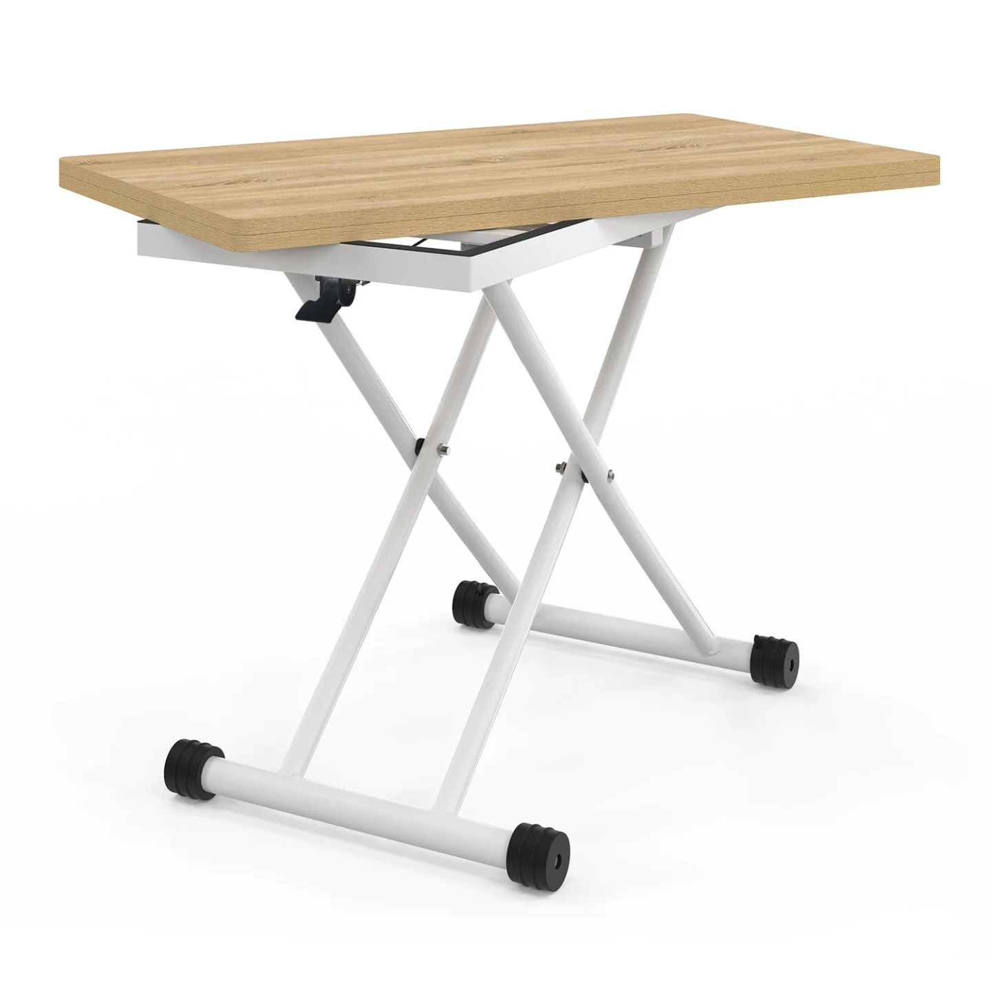 Table basse 2-en-1 relevable en table à manger 6-8 personnes plateau portefeuille URBANA plateau façon hêtre pied blanc