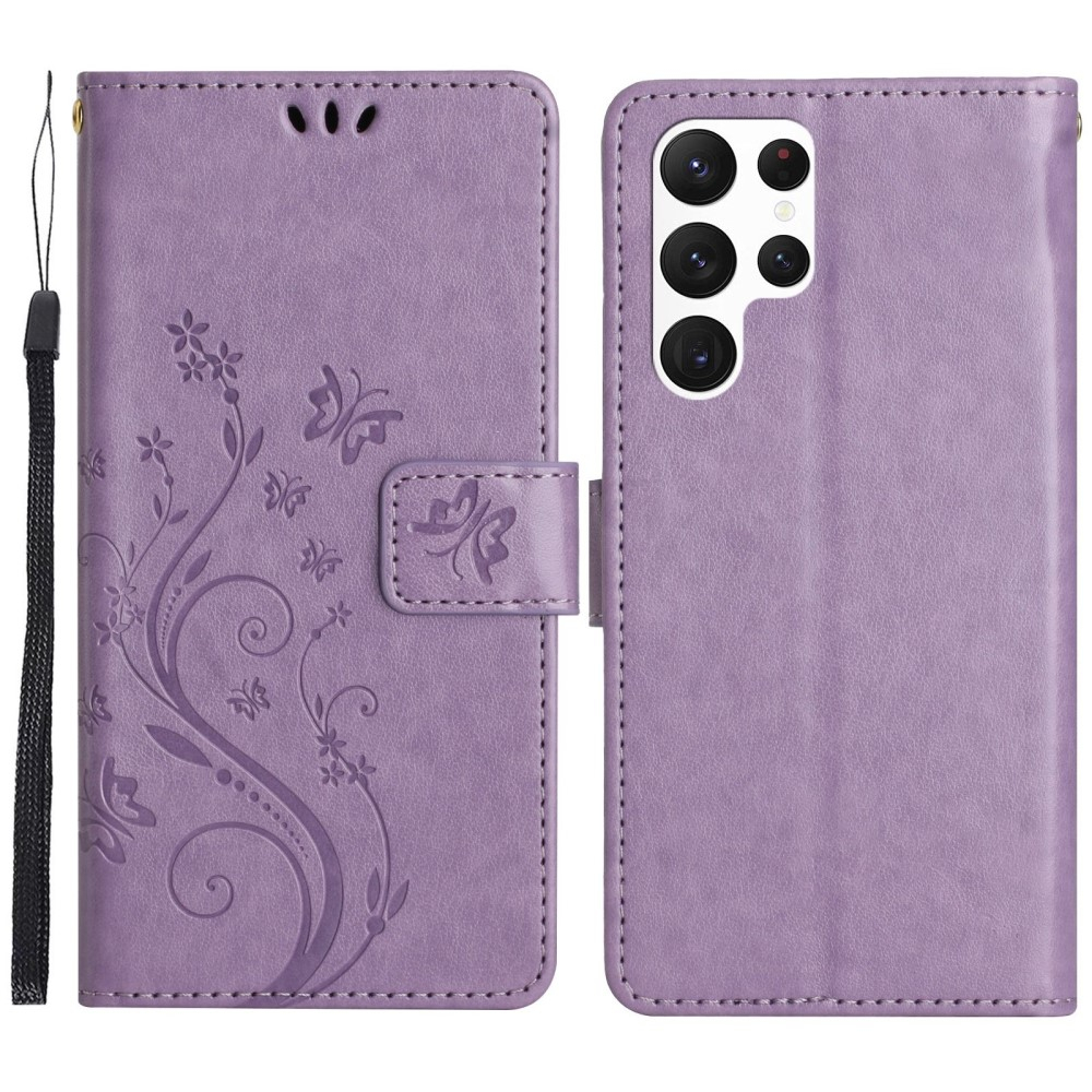 Samsung Galaxy S23 Ultra 5G Leder Tasche mit Kartenfach   Handschlaufe Butterfly Flowers - Lila