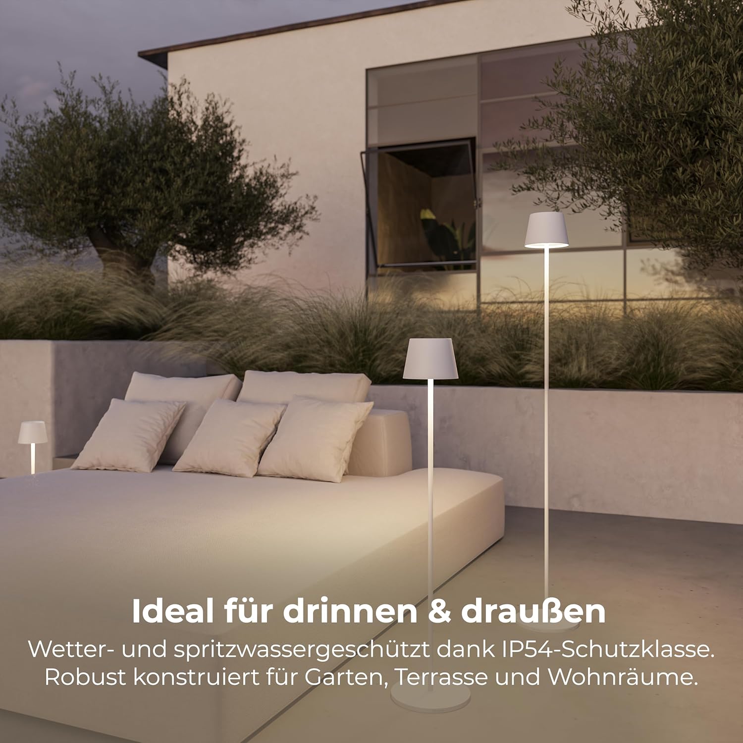 NEONA® YAVA kabellose LED Stehleuchte (Akku, Touch-Dimmung) – höhenverstellbar 50 – 130 cm, warmweiß 2700 K, bis 10 Std. Laufzeit, IP54 wetterfest – Indoor & Outdoor (Weiß)