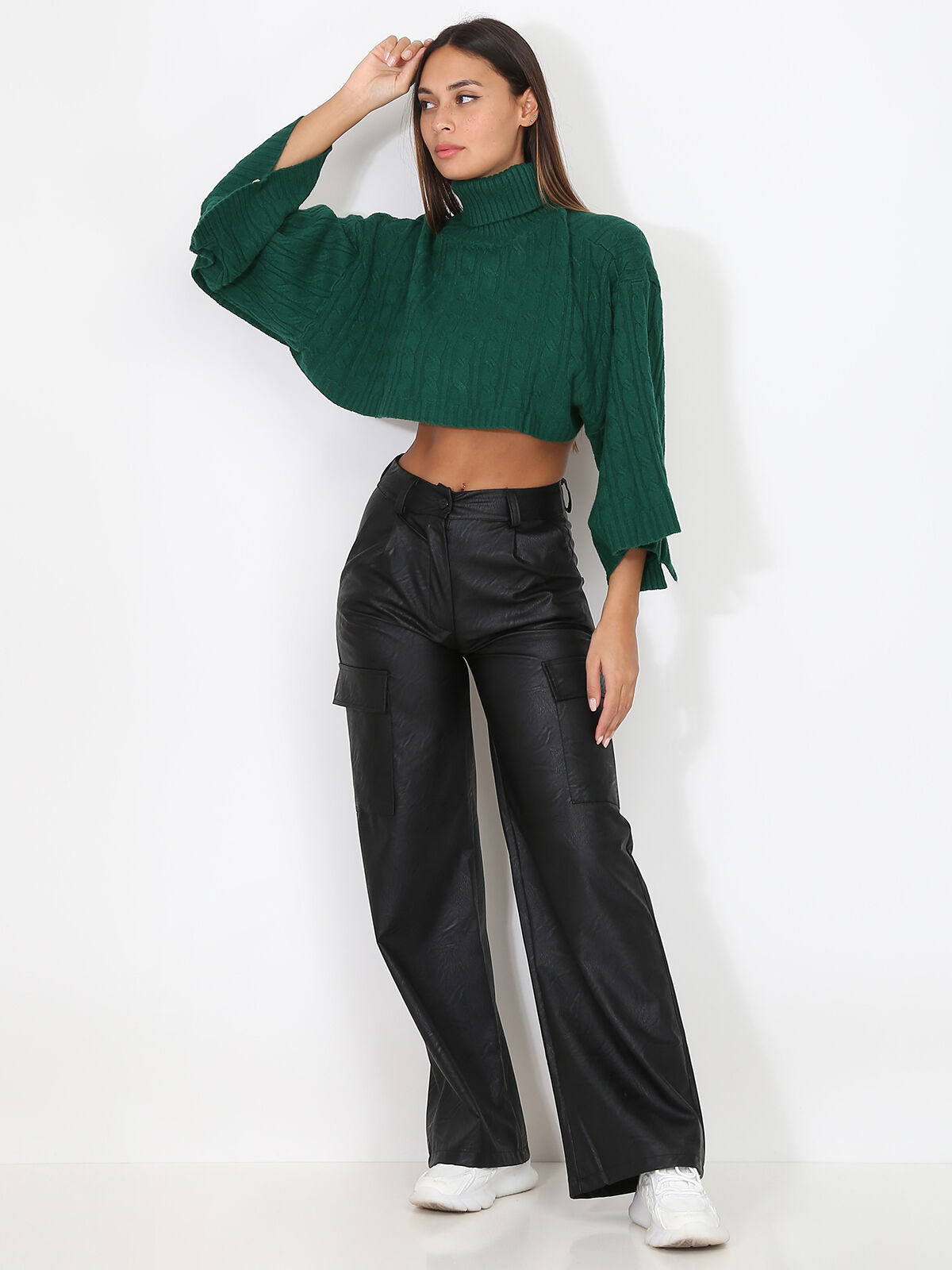 Pantalon cargo évasé en simili- Noir