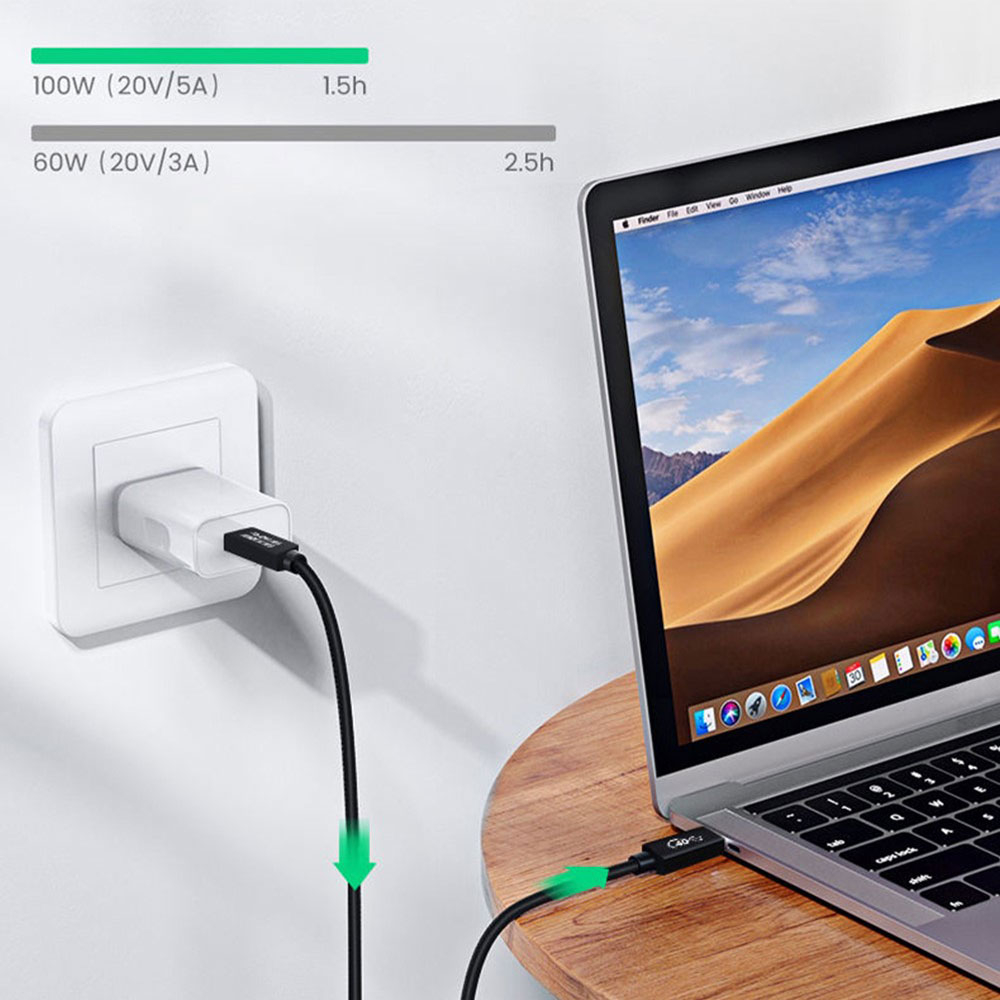 (2m) 100W USB C auf USB C Ladekabel Thunderbolt 3/4 Nylon Datenkabel 8K Monitor-Verbindungskabel 40 Gbit/s - Schwarz