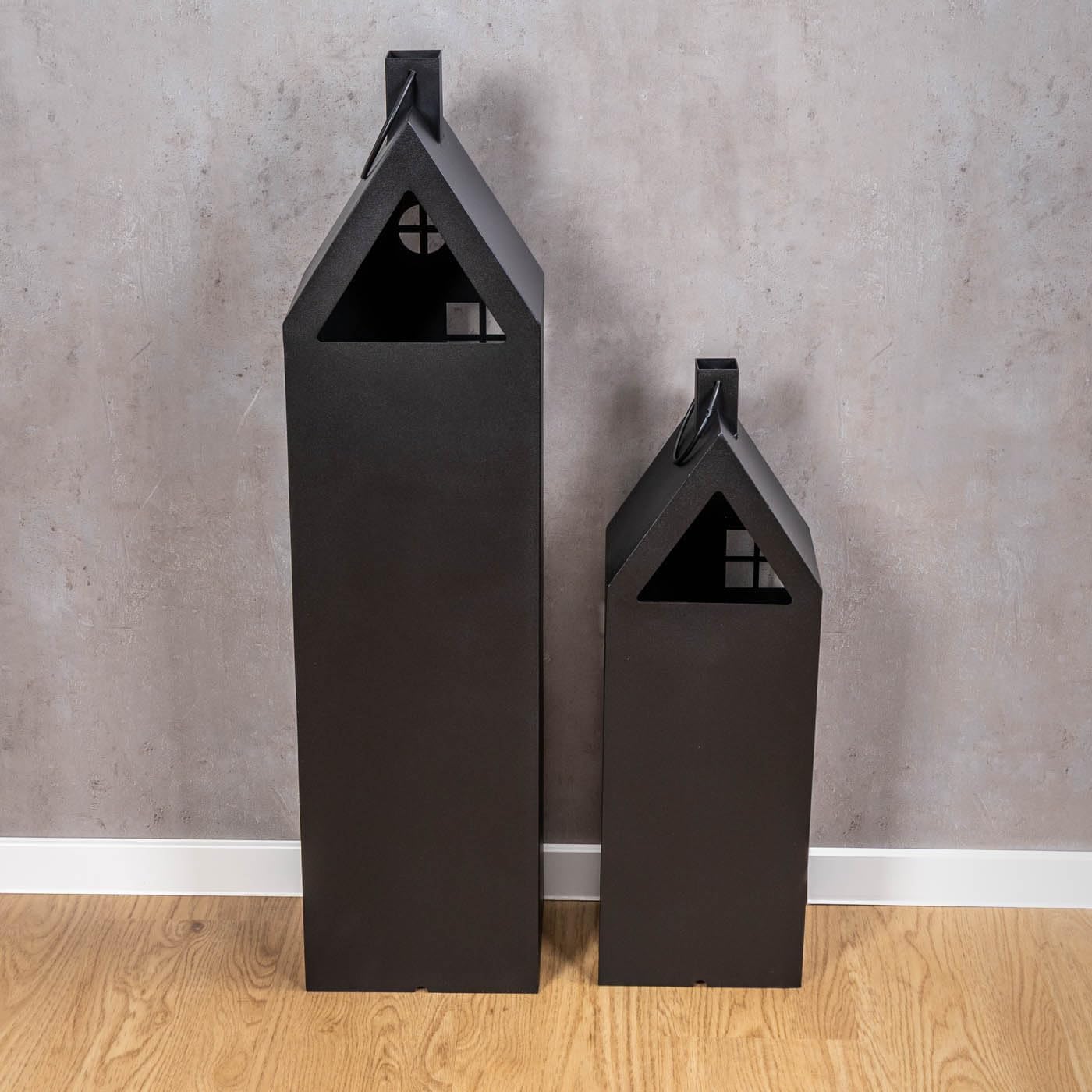2er Set Laterne Haus H65-95cm Metall Schwarz Deko Windlicht Industrial Style Kerze Kerzenständer Lichtdeko