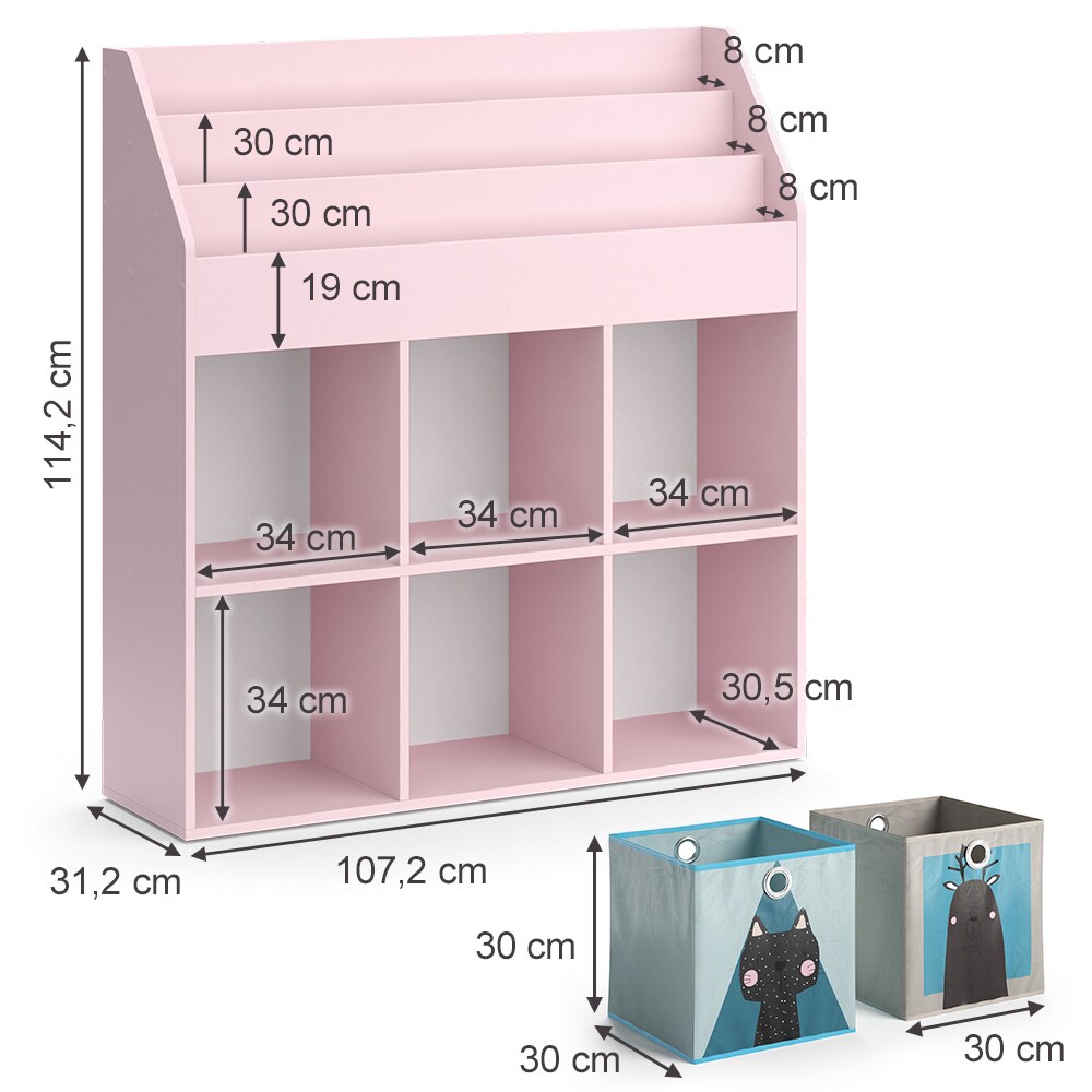 Vicco Kinderbücherregal Luigi 107 x 114 cm, Rosa, Kinderzimmerregal, Fächer, Faltboxen