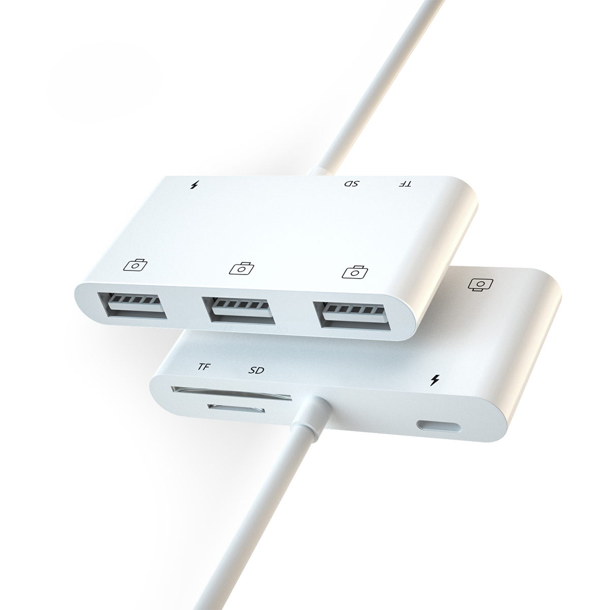 Lightning auf USB A Kamera Adapter mit SD / Micro SD Kartenlesegerät / 3-fach USB A / Ladeanschluss für Apple iPhone / iPad - Weiss