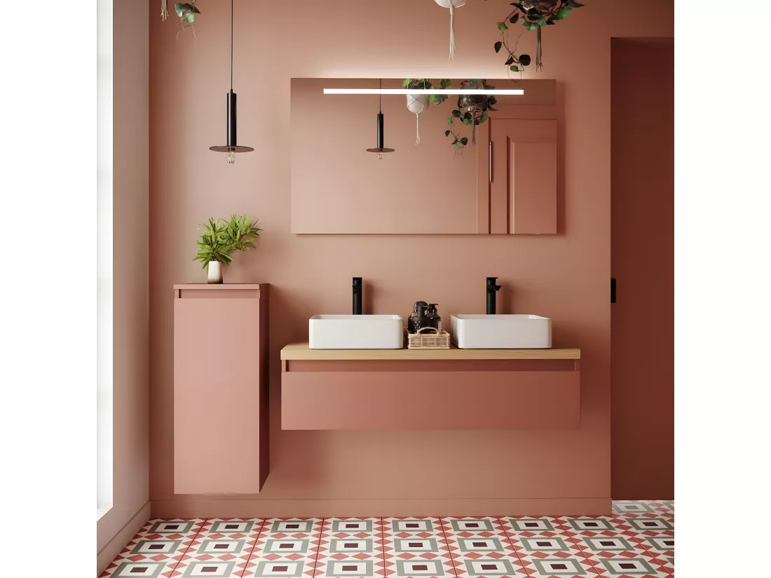 Meuble de salle de bain suspendu 2 vasques à poser 120cm 1 tiroir Abricot - Hudson