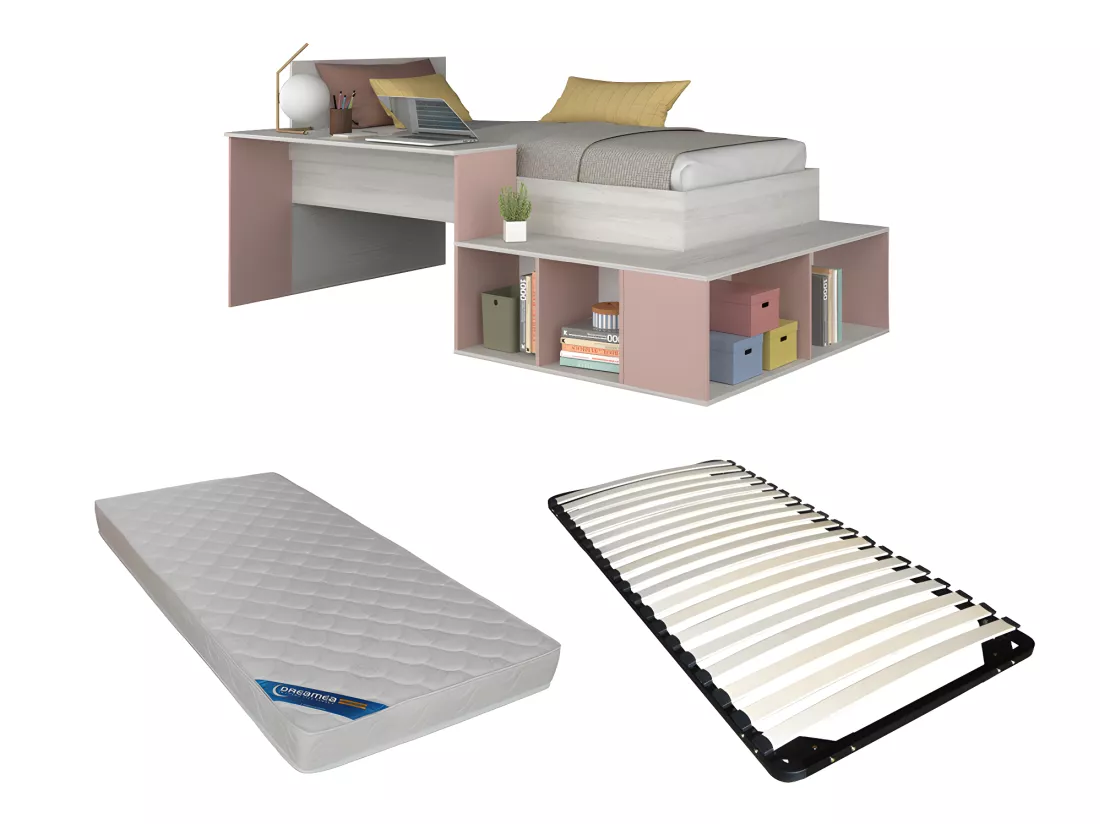 Lit combiné 90 x 200 cm avec rangements et bureau - Coloris : Naturel et rose + Sommier + Matelas - RIGALI