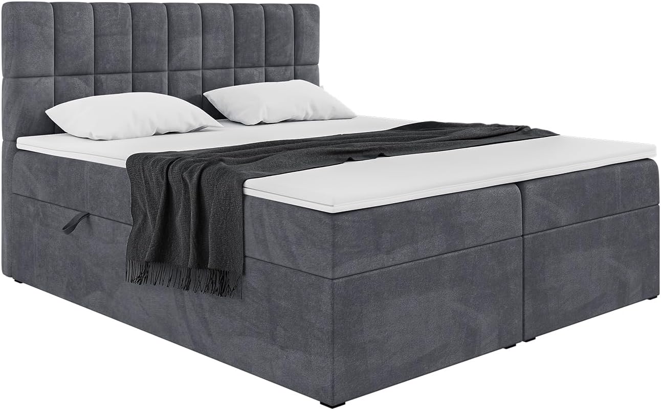 MEBLINI Boxspringbett mit Bettkasten - Gepolstert Doppelbett mit Matratze und Topper - Polsterbett mit Stauraum - Bett mit Kopfteil - Stauraumbett - Lukas - 180x220 - H3/Dunkelgrau Samt