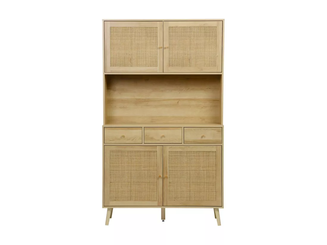 Buffet de cuisine BOHEME décor bois et cannage 4 portes 3 tiroirs 110 cm. Naturel. pieds en bois de pin revêtement papier