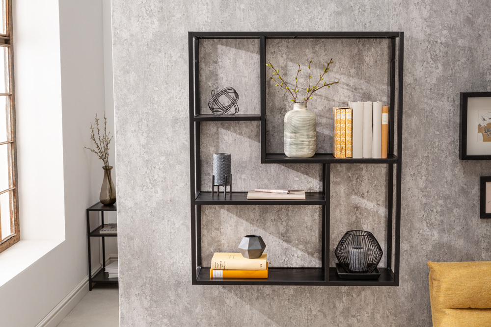 Industrial Wandregal SLIM LINE 90cm Esche schwarz fünf Regalböden