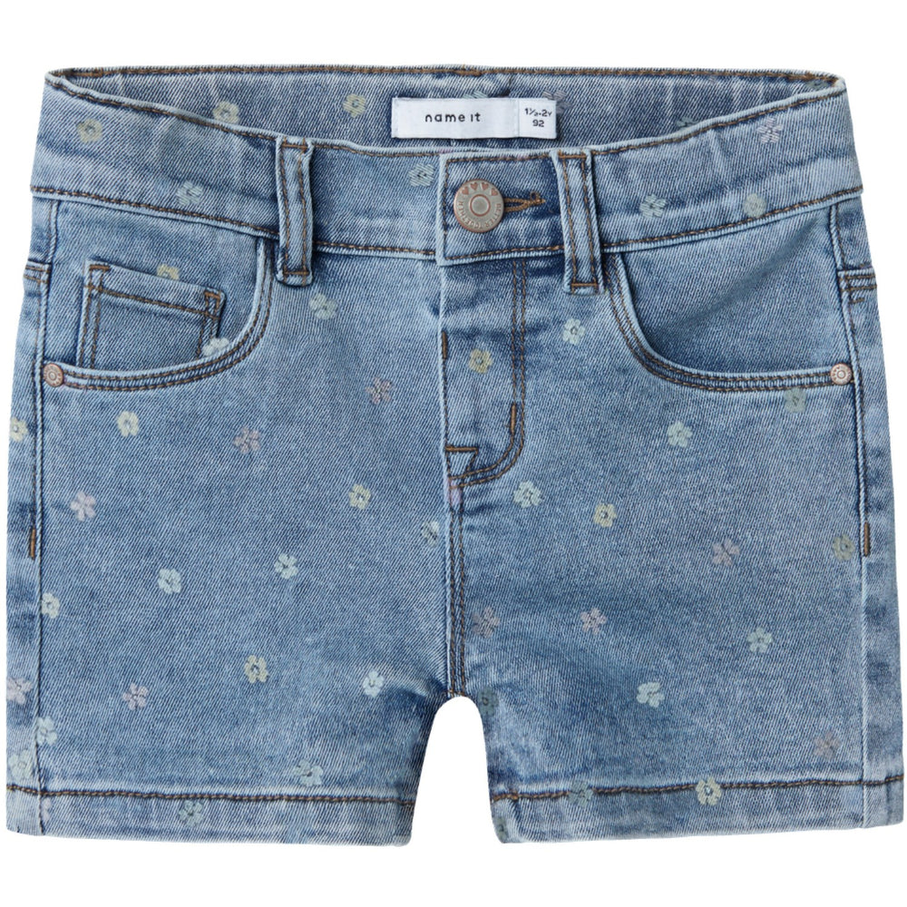 Køb Name It Medium Blue Denim Flower Nmfsalli Slim Dnm Shorts 3555-On Noos