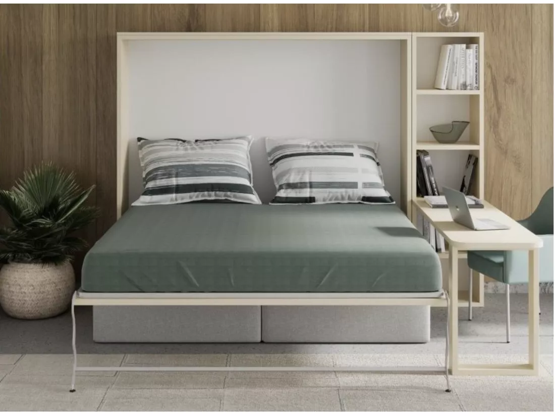 Lit escamotable 160x200 canapé etagere bureau Prolok-Avec matelas-Canapé Noir-Avec étagère-Structure et Façade Blanche-Avec bureau