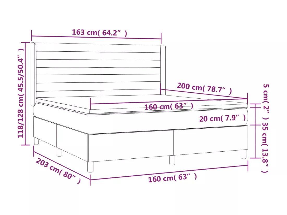 Sommier tapissier matelas et LED Marron foncé 160x200 cm Tissu