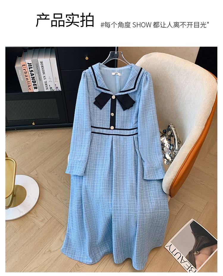Krezol - Plus Size Lange Mouwen Matrozenkraag Contrasterende Bies Tweed Midi A-lijn Jurk