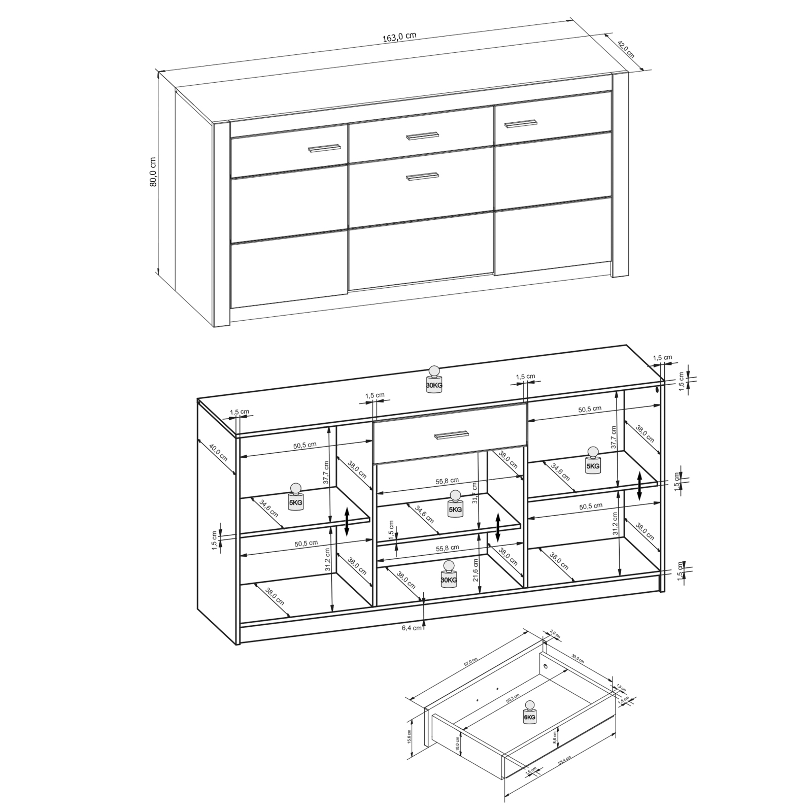 Sideboard HARTFORD - Wildeiche-Asteiche- 163 cm breit