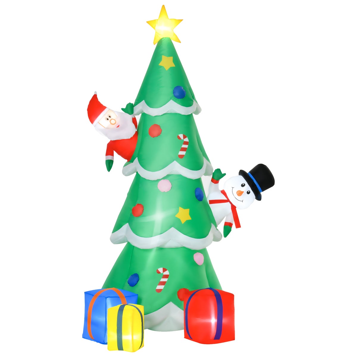 HOMCOM Opblaasbare kerstboom met kerstman, sneeuwpop en geschenkdoos, 144 x 125 x 210 cm, polyester, groen