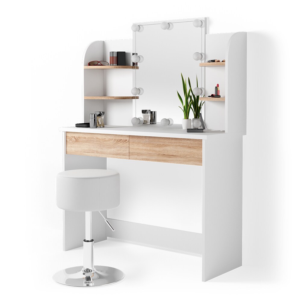VICCO LED Schminktisch CHARLOTTE Frisiertisch Weiß Eiche Kosmetiktisch Hocker