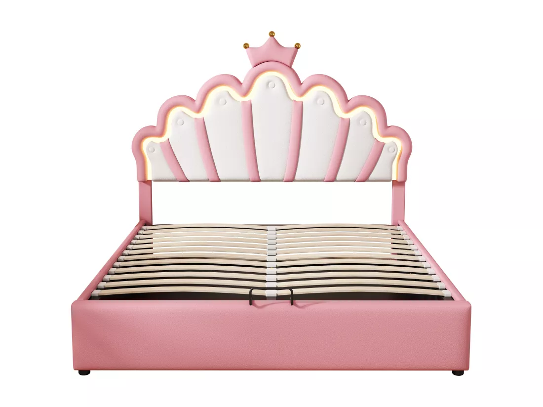 Lit coffre 140 x 200 cm en forme couronne - lit princesse - cuir PU - LEDs - Rose