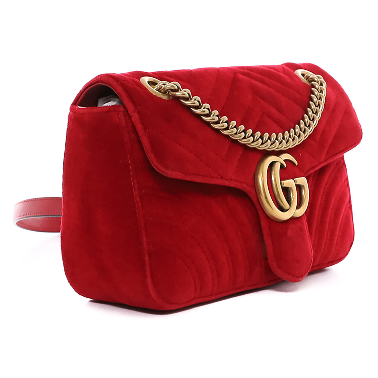 Gucci Sac bandoulière Marmont en Velours rouge - Très bon état - L.24 cm