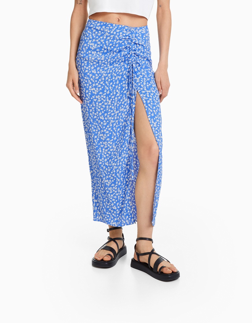 Saia midi com estampa floral